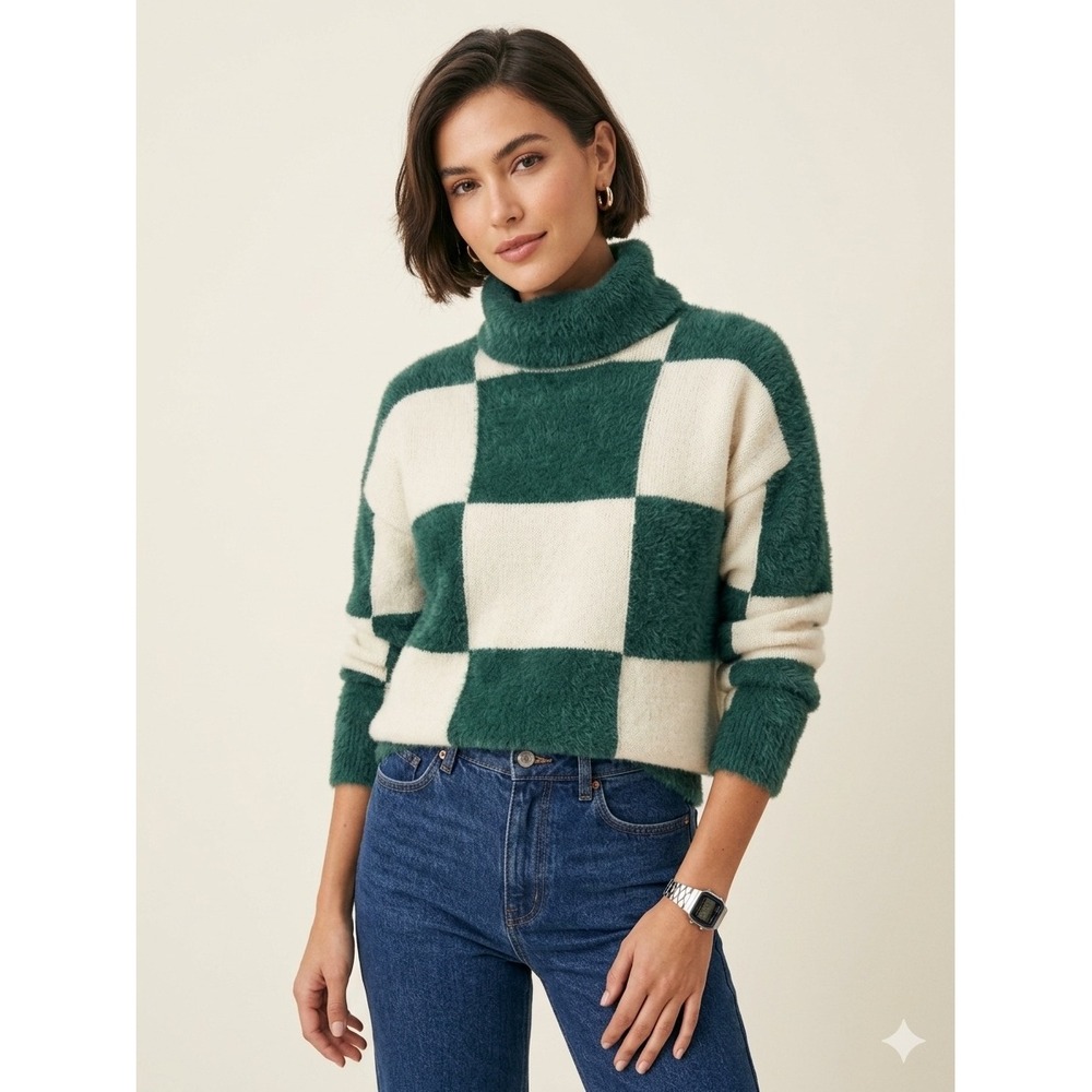 Kut from the Kloth Green Cream Checkerboard Fuzzy Turtleneck Sweater Size M